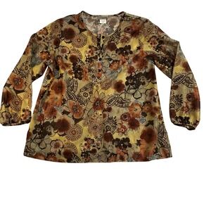 Plus Floral Autumn Fall Print Long Sleeve Button Front Tunic Top Office Blouse